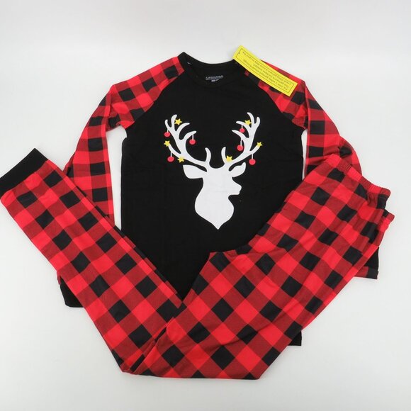 Loncoco Kids Red & Black Plaid Pajama Set Festive Reindeer Long Sleeve 16T - Picture 1 of 5